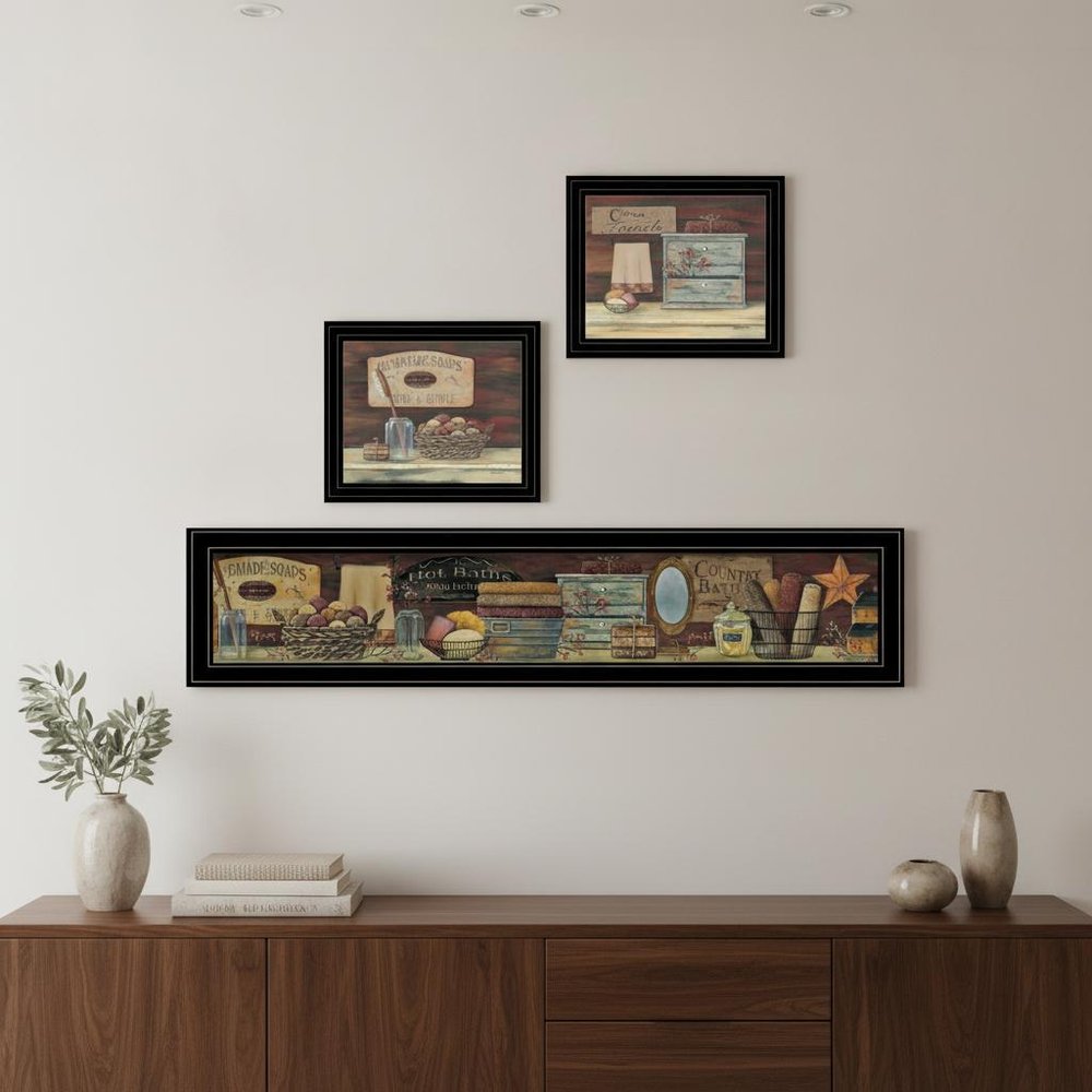 Set Of Three COUNTRY BATH 1 2 Black Framed Print Bathroom Wall Art HomeRoots