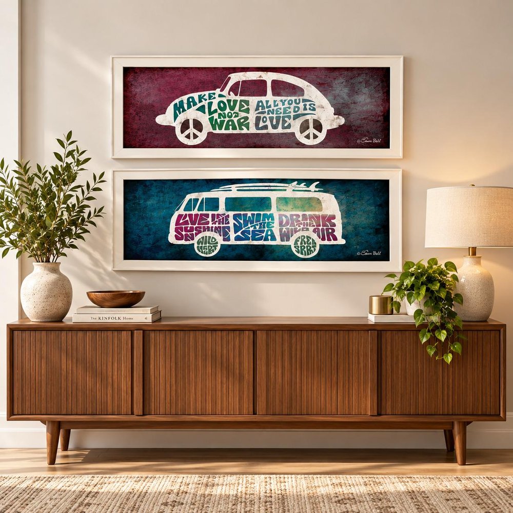 Set Of Two Retro White Framed Print Wall Art