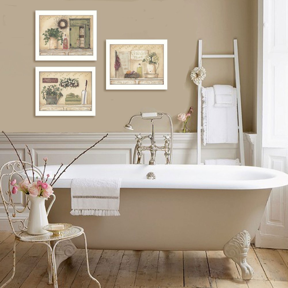 Set Of Three Garden Bath 2 White Framed Print Bathroom Wall Art HomeRoots