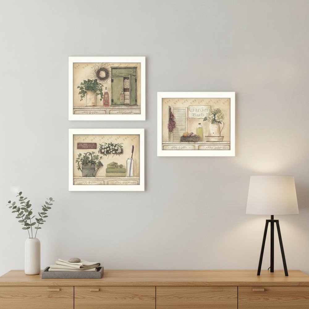Set Of Three Garden Bath 2 White Framed Print Bathroom Wall Art HomeRoots