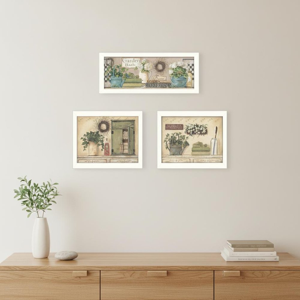 Set Of Three Garden Bath 1 White Framed Print Bathroom Wall Art HomeRoots