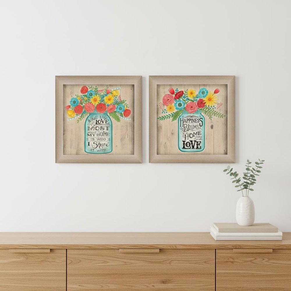 Set Of Two Mason Jar Floral Happiness at Home Brown Framed Print Wall Art HomeRoots