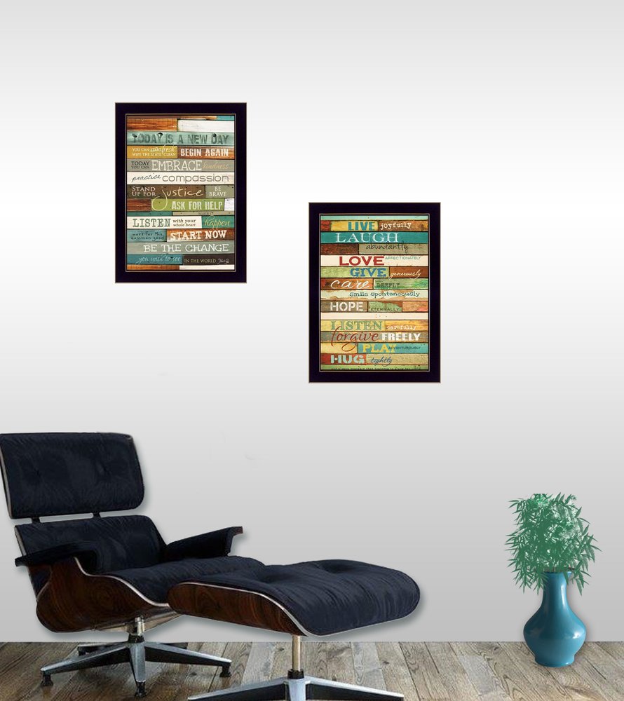 Set Of Two Today is a New Day Faux Wood Slat Black Framed Print Wall Art HomeRoots