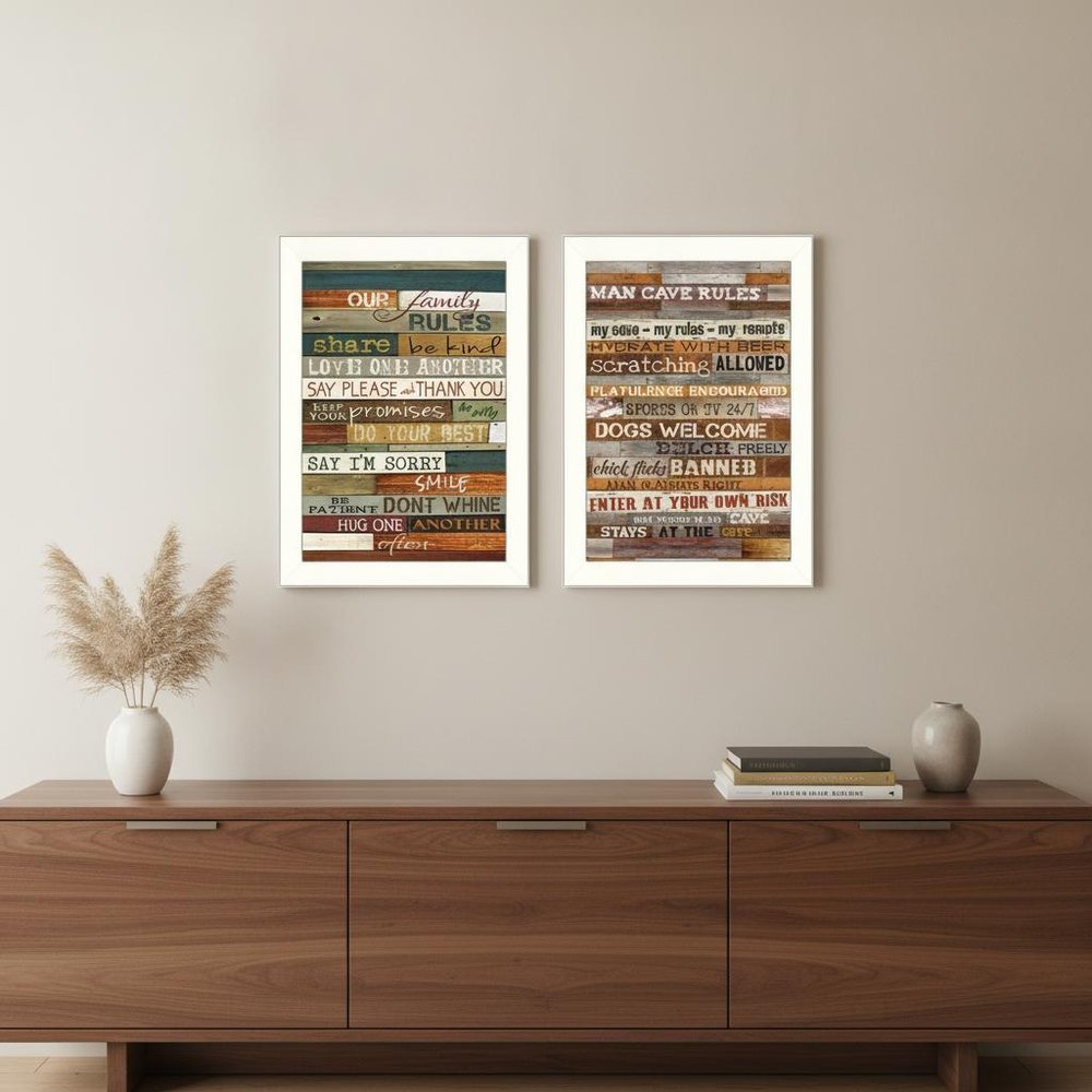Set Of Two Family and Man Cave Rules 2 White Framed Print Wall Art HomeRoots