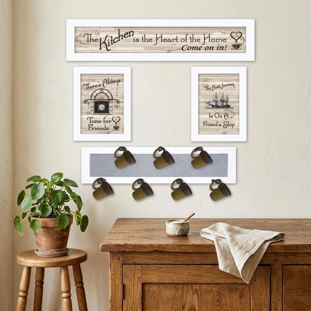 Set Of Four Kitchen Collection VI with Seven Peg Mug Rack 2 Black Framed Kitchen Wall Art HomeRoots