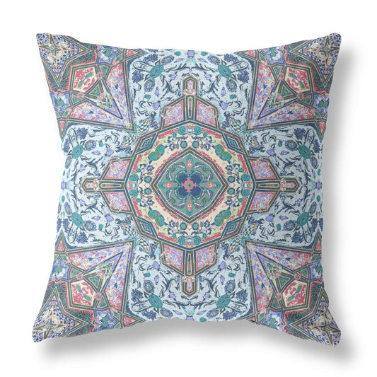 20" Pale Blue Pink Floral Medallion Suede Throw Pillow FurniFindUSA