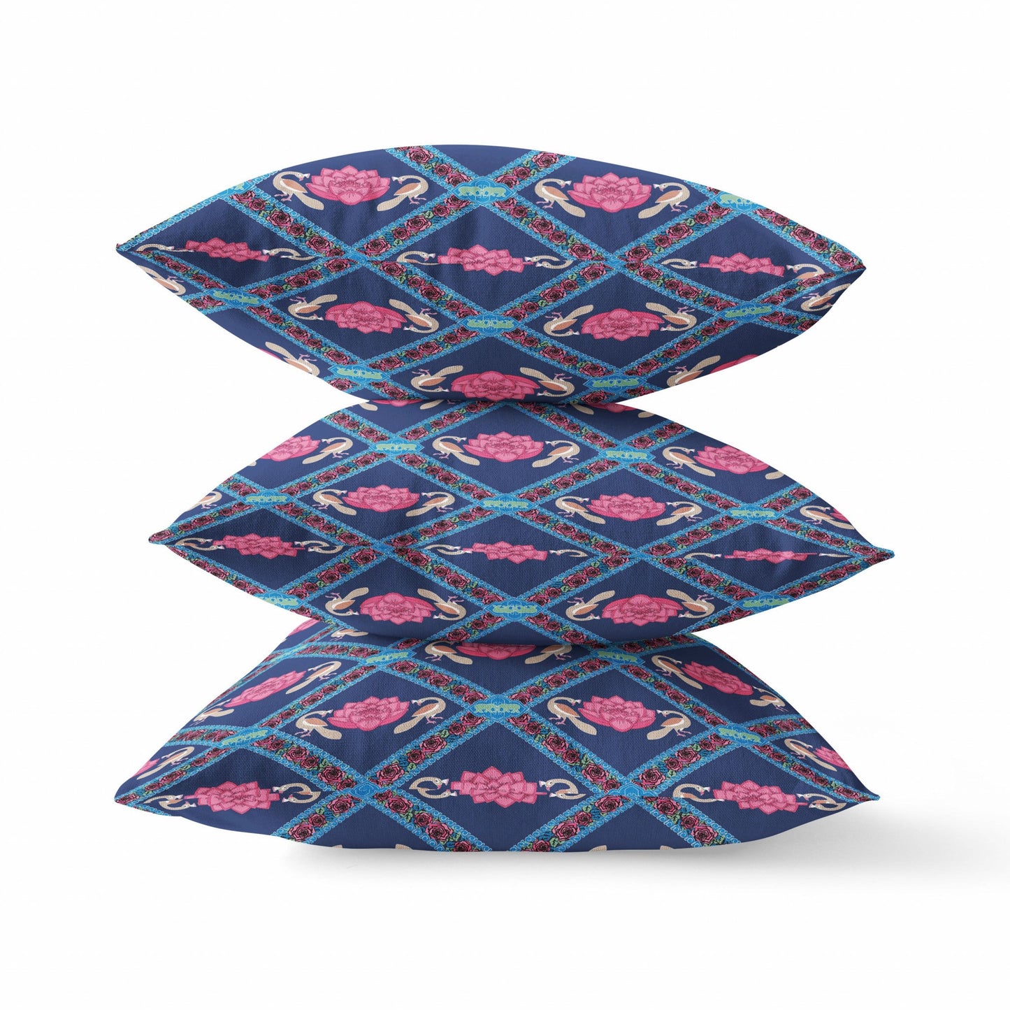 20" X 20" Indigo Pink Lotus Floral Blown Seam Suede Throw Pillow FurniFindUSA