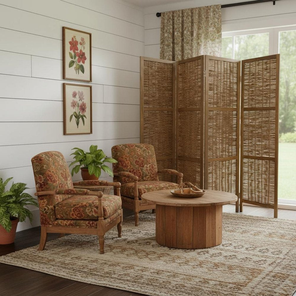 67" Brown Folding Four Panel Screen Room Divider HomeRoots
