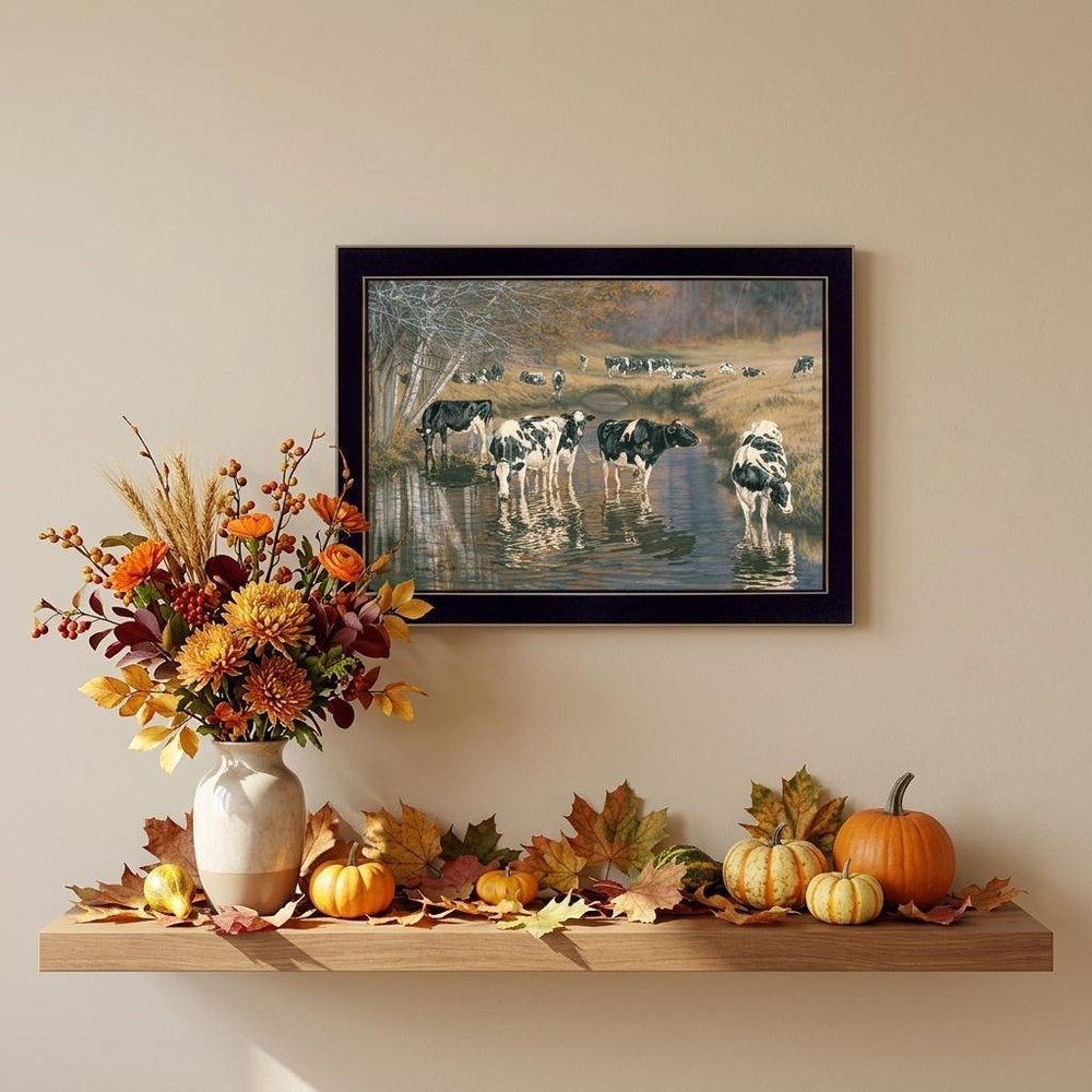 Fall Reflections Holsteins in River Black Framed Print Wall Art