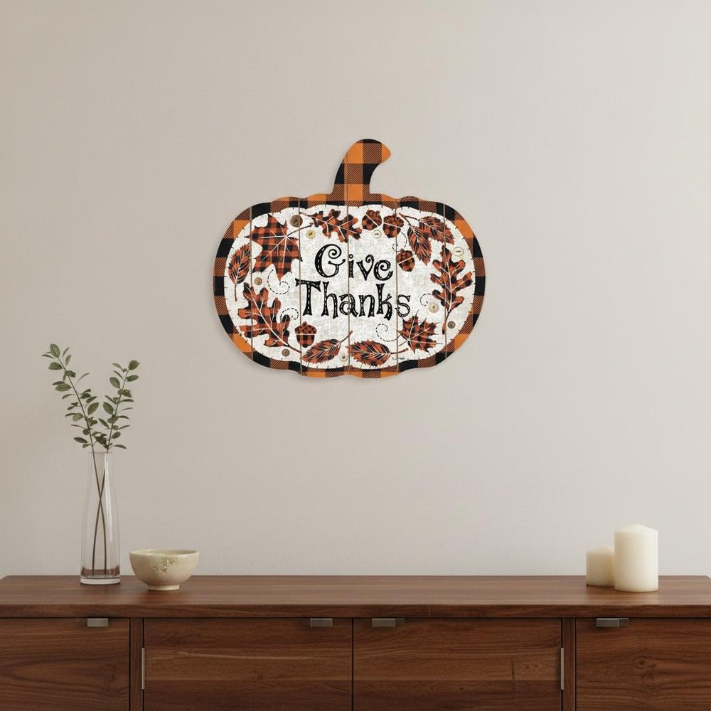 Give Thanks Unframed Wood Pumpkin Wall Decor HomeRoots