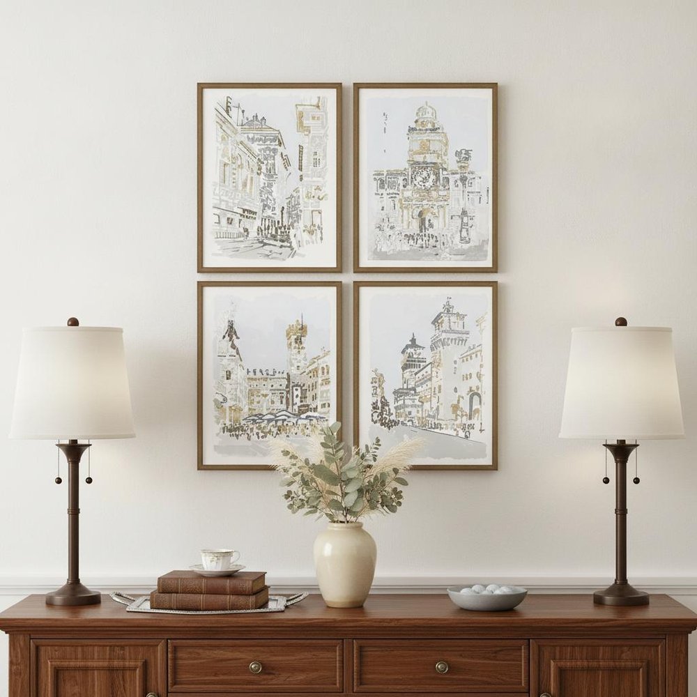 Set Of Four Street Scenes Gold Framed Print Wall Art