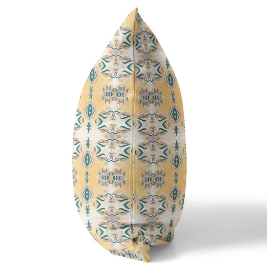 20" X 20" White And Yellow Abstract Blown Seam Suede Throw Pillow FurniFindUSA