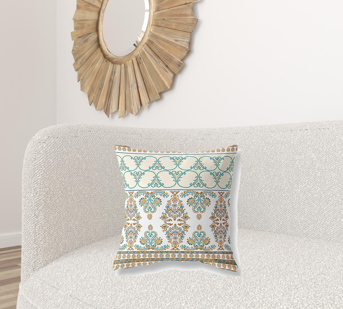 20" X 20" Orange And Teal Stencil Blown Seam Suede Throw Pillow FurniFindUSA