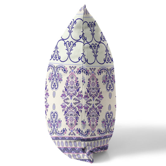 20" X 20" White And Purple Stencil Blown Seam Suede Throw Pillow FurniFindUSA