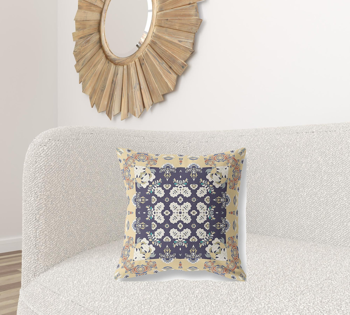 20" X 20" Yellow And Navy Floral Blown Seam Suede Throw Pillow FurniFindUSA