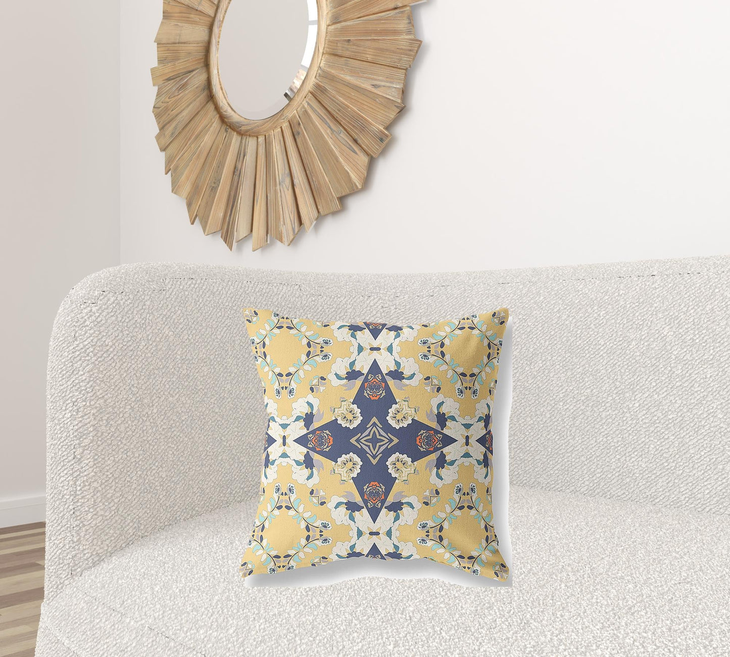 20" X 20" Yellow And Blue Floral Blown Seam Suede Throw Pillow FurniFindUSA