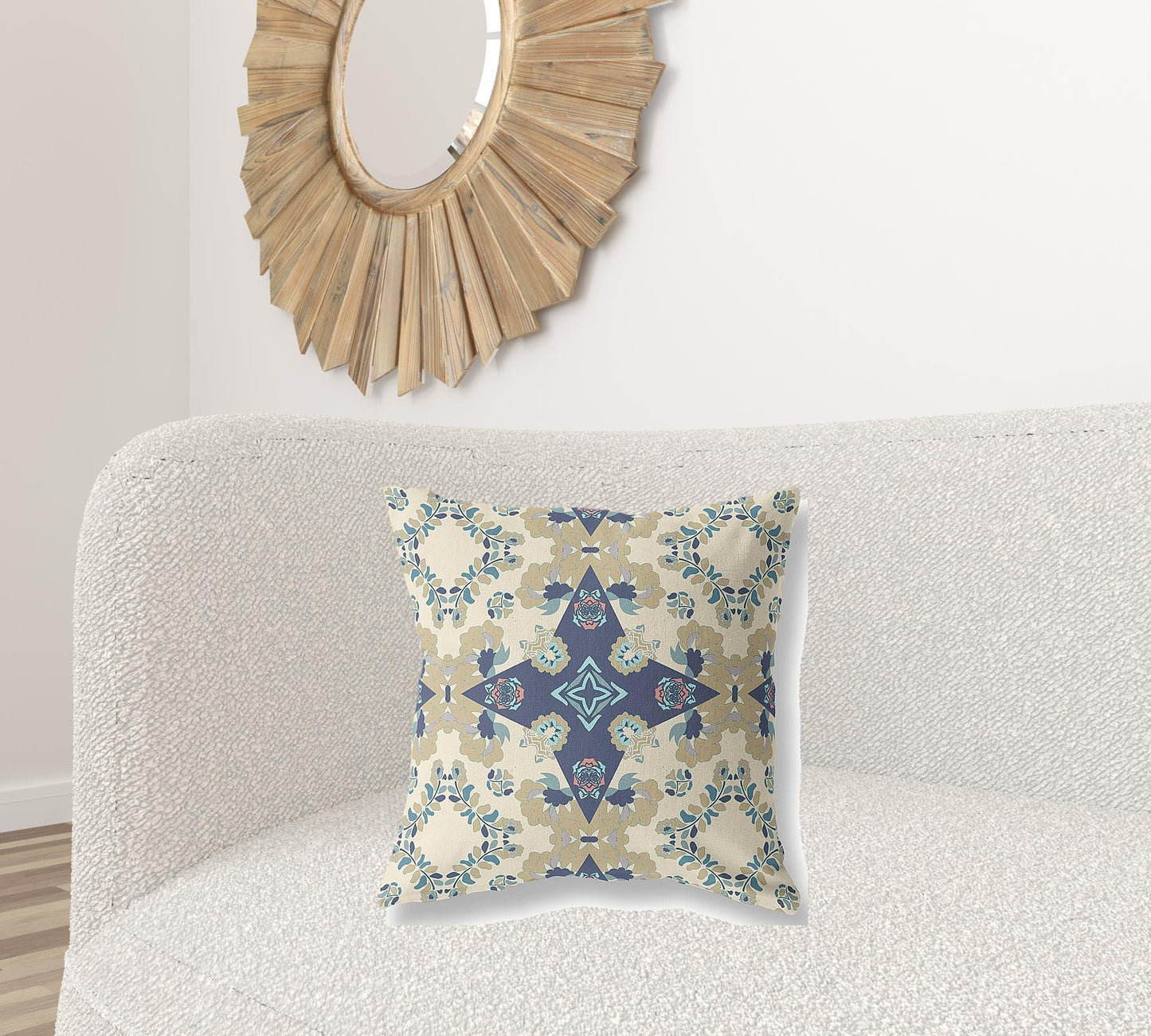 20" X 20" Cream And Blue Floral Blown Seam Suede Throw Pillow FurniFindUSA
