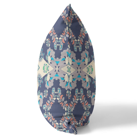 20" X 20" Blue And Off White Floral Blown Seam Suede Throw Pillow FurniFindUSA