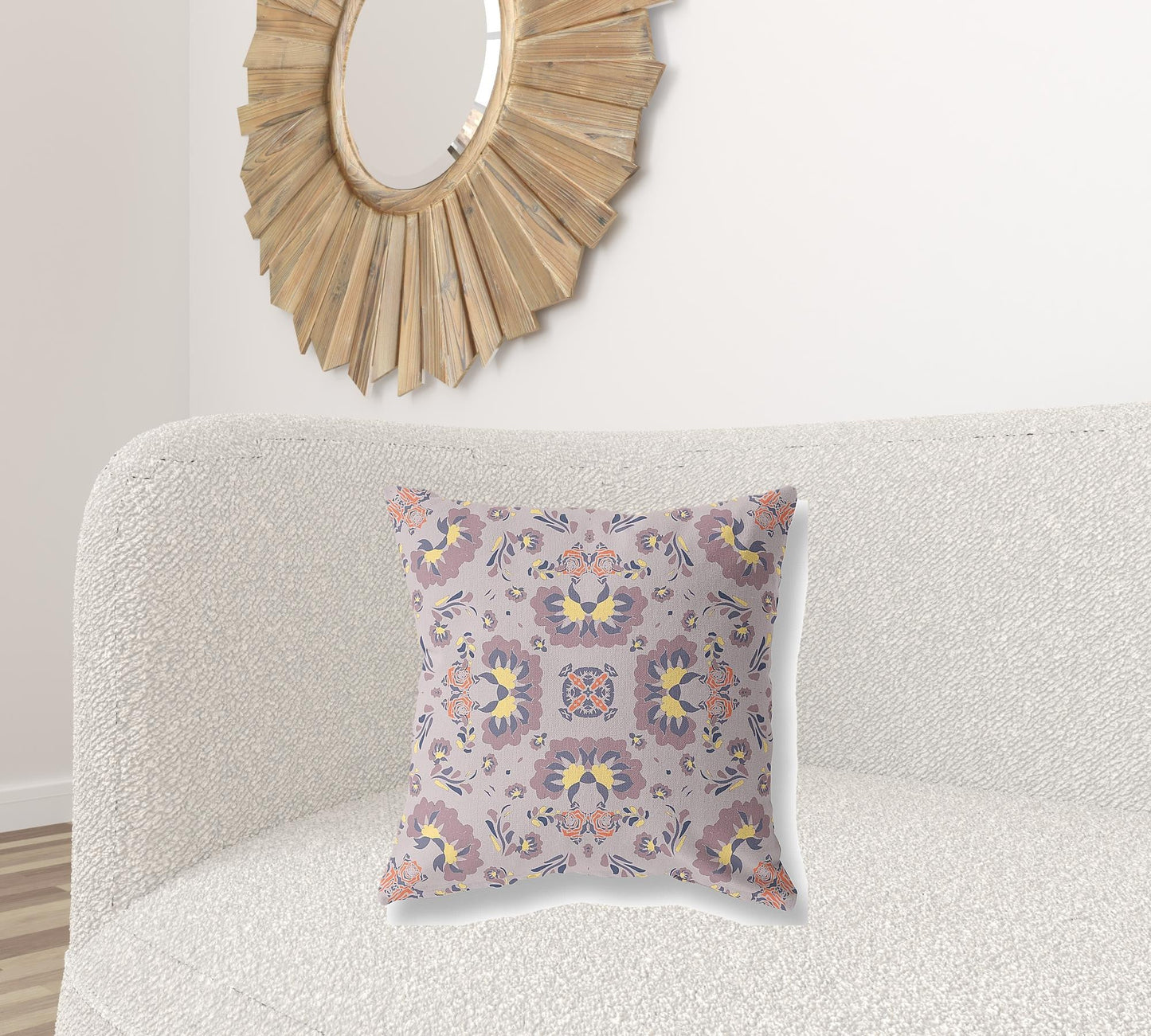20" X 20" Muted Purple And Yellow Floral Blown Seam Suede Throw Pillow FurniFindUSA