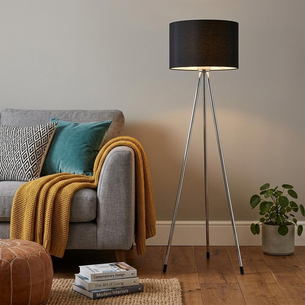 59" Silver Tripod Floor Lamp With Black Fabric Drum Shade HomeRoots