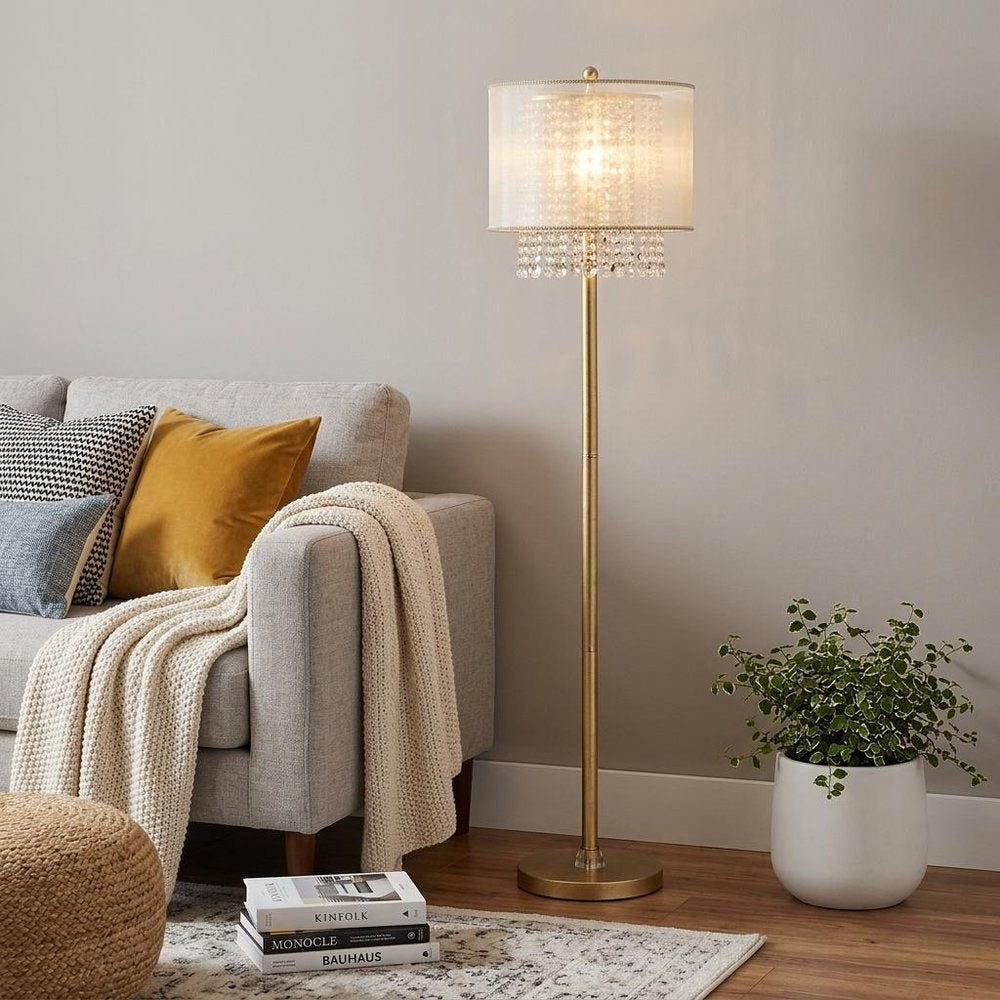 65" Gold And White Novelty Floor Lamp With White Fabric Drum Shade HomeRoots