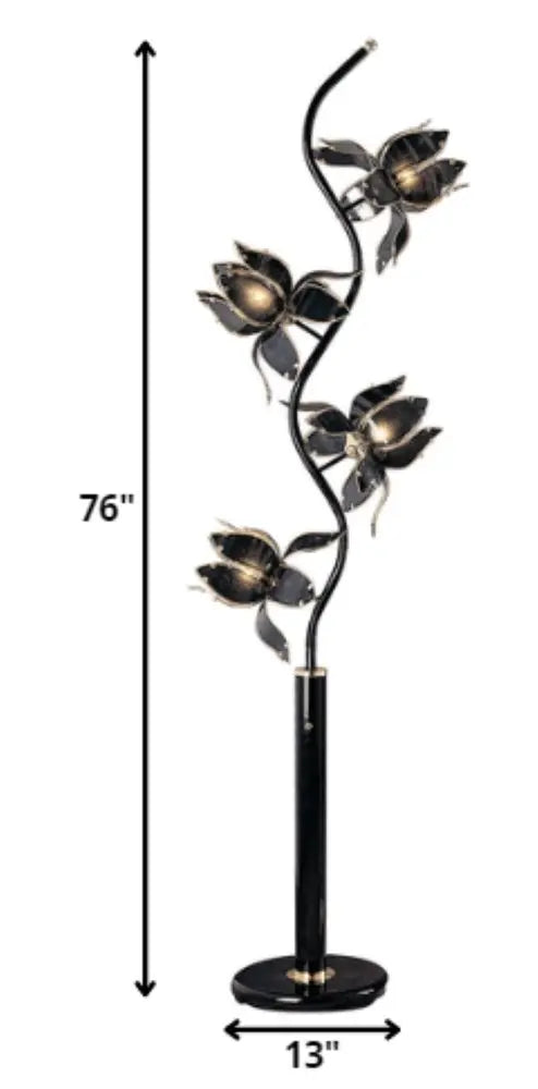 73" Black Four Light Floral Floor Lamp With Black and Gold Glass Shades HomeRoots