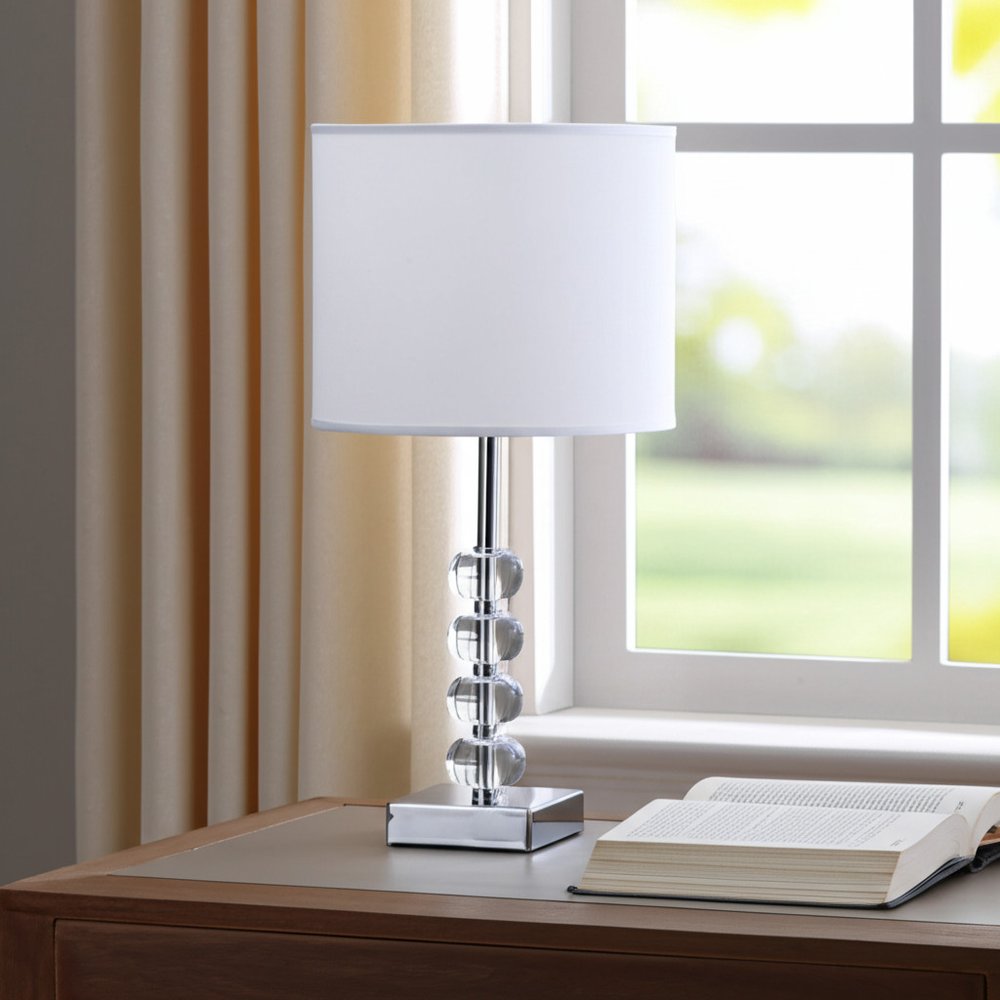 18" Silver Metal and Glass Orbs Table Lamp With White Drum Shade HomeRoots