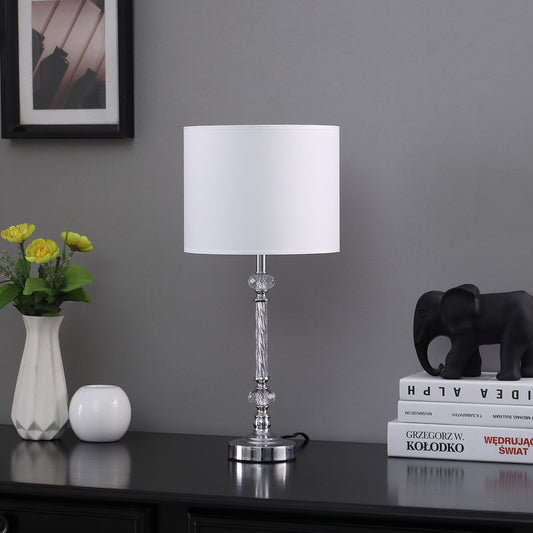 19" Silver Metal and Faux Crystal Table Lamp With White Drum Shade HomeRoots