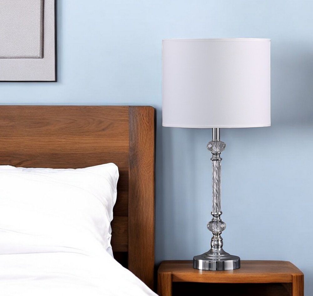 19" Silver Metal and Faux Crystal Table Lamp With White Drum Shade HomeRoots