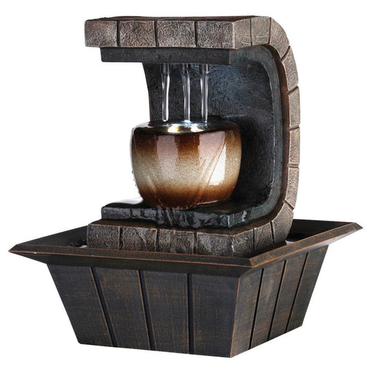 10" Brown Textured Polyresin Tabletop Fountain with LED Light HomeRoots