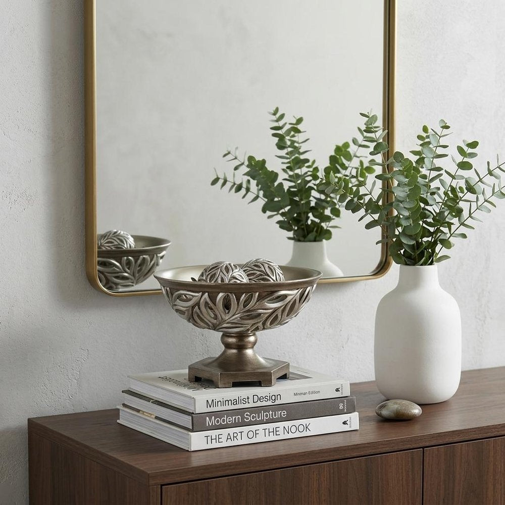 13" Brushed Silver Leaf Polyresin Decorative Pedestal Bowl with Orbs HomeRoots