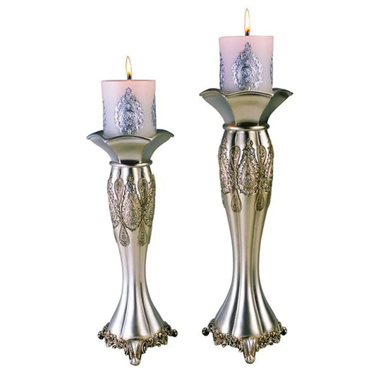Set of Two Silver Metallic Polyresin Ornate Tabletop Pillar Candle Holders With Candle HomeRoots