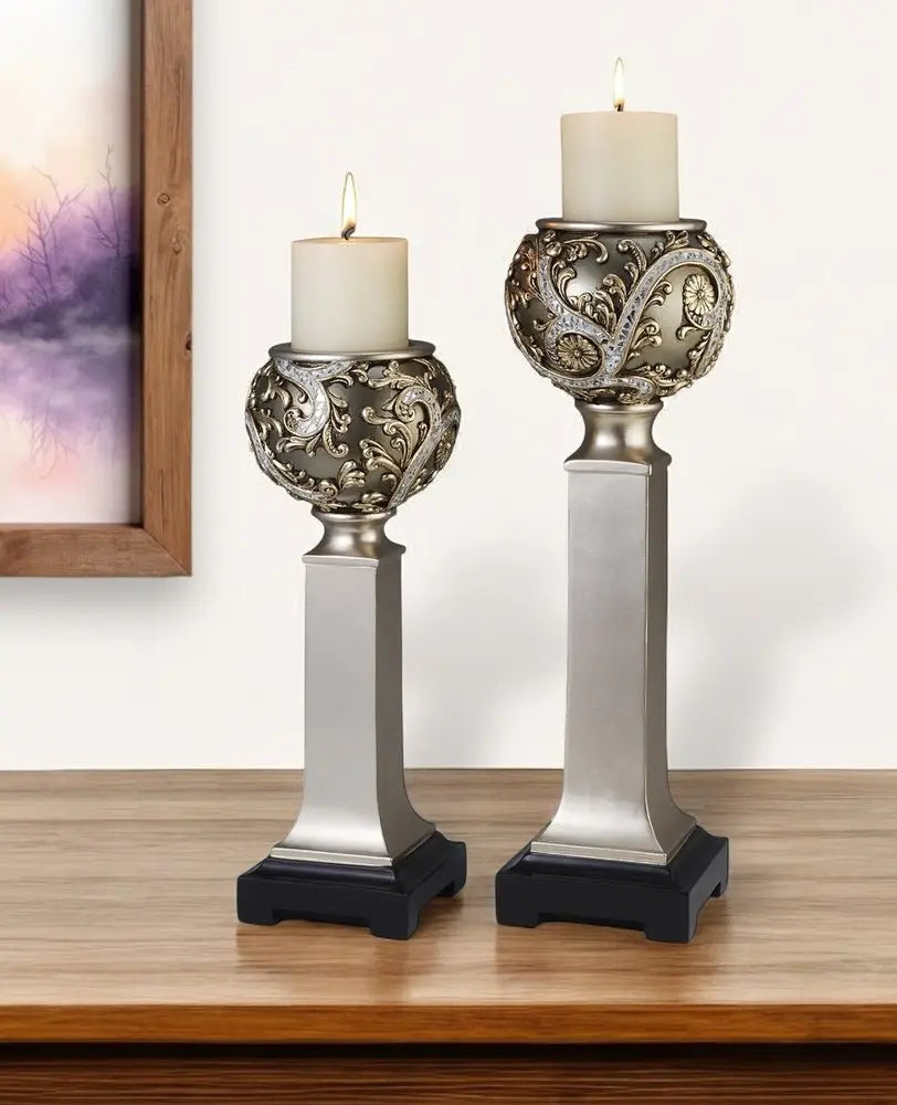 Set of Two Silver Polyresin Filigree Tabletop Pillar Candle Holders With Candle HomeRoots