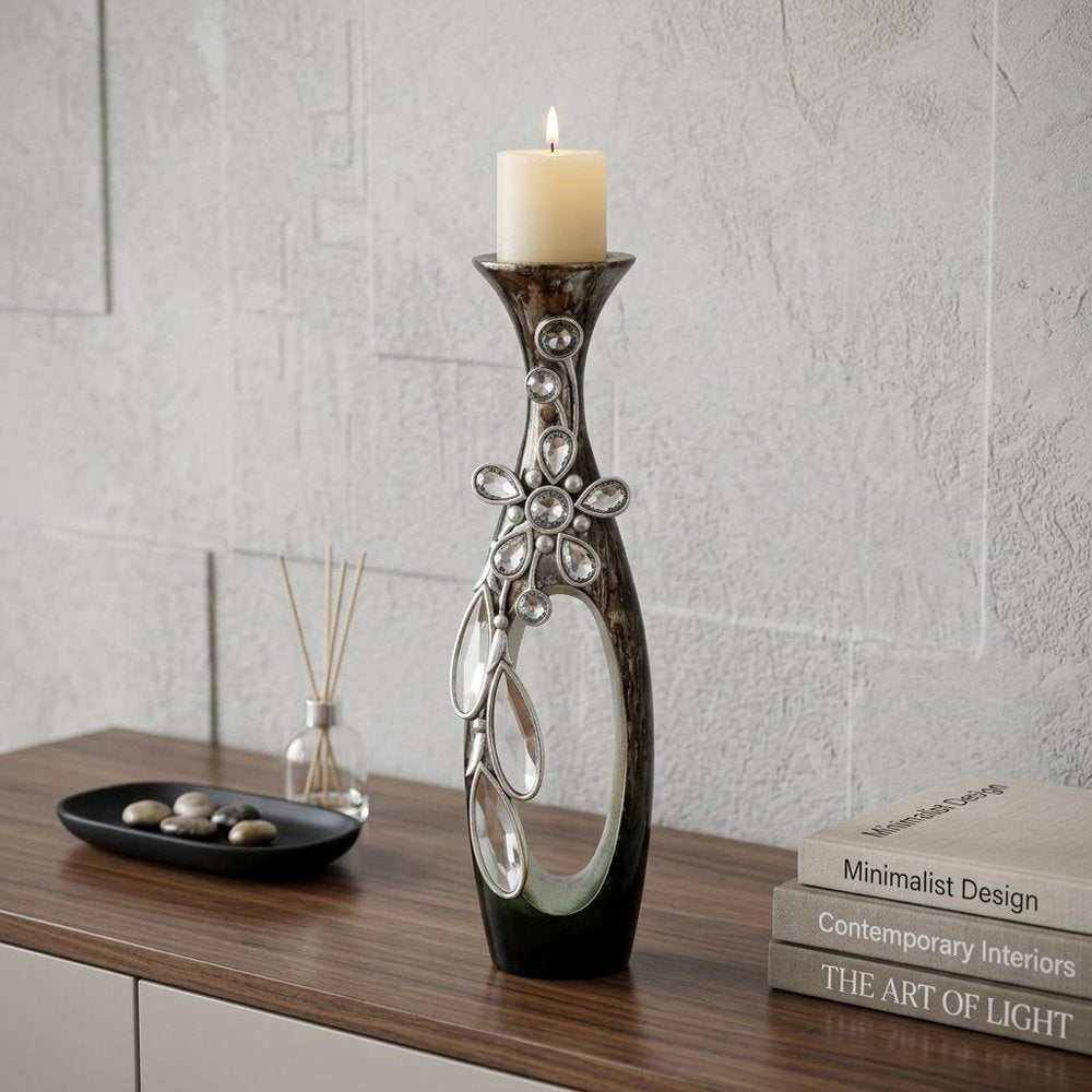 16" Ornate Faux Crystal Tabletop Pillar Candle Holder HomeRoots