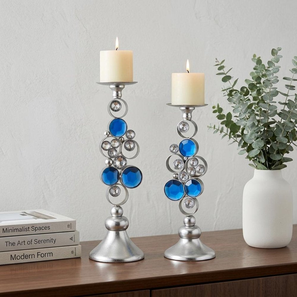 Set Of Two Silver and Blue Bling Tabletop Pillar Candle Holders HomeRoots