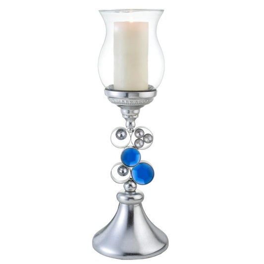 21" Silver and Blue Faux Crystal Bling Hurricane Candle Holder HomeRoots