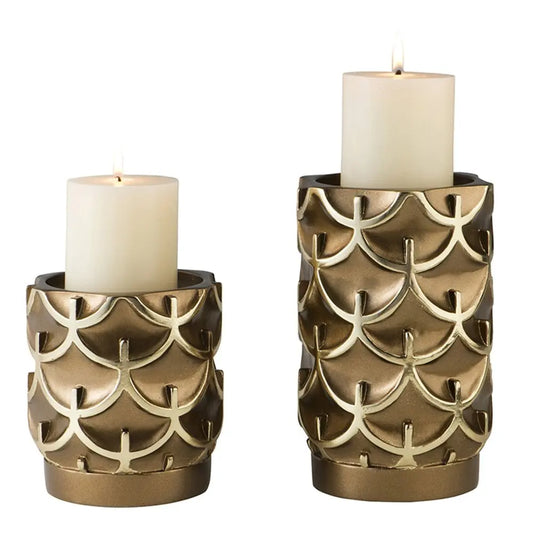Set Of Two Antiqued Brass Tabletop Pillar Candle Holders HomeRoots