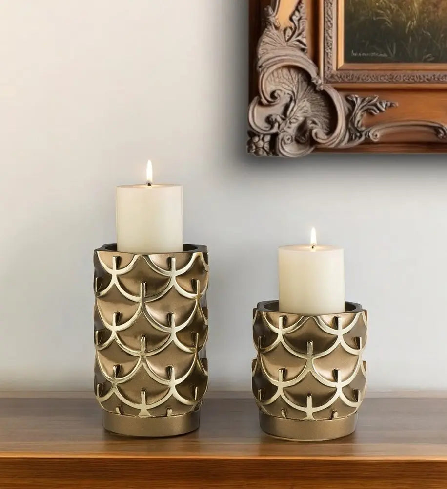 Set Of Two Antiqued Brass Tabletop Pillar Candle Holders HomeRoots