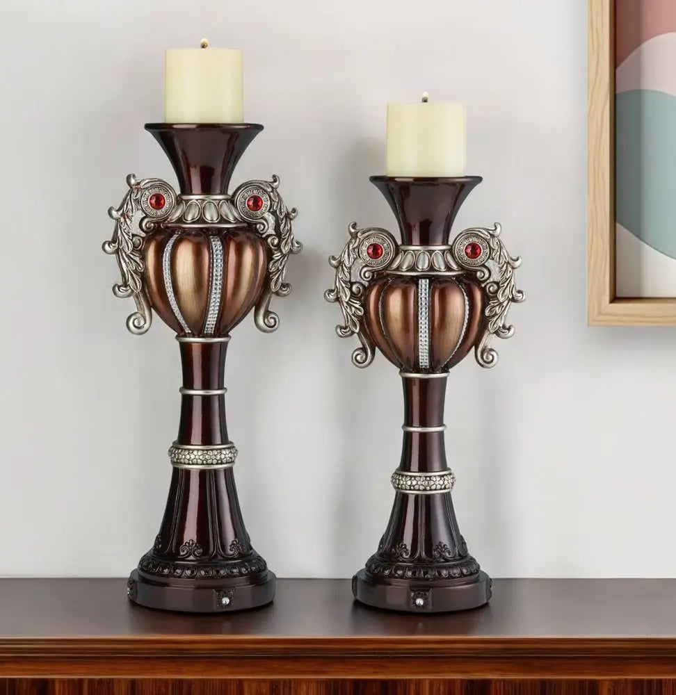 Set Of Two Bronze Tabletop Urn Shape Pillar Candle Holders HomeRoots