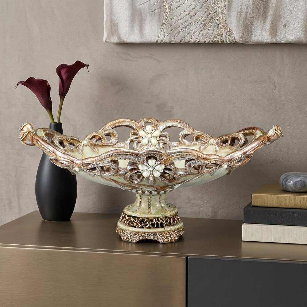 9" Beige And Gold Polyresin Decorative Bowl HomeRoots