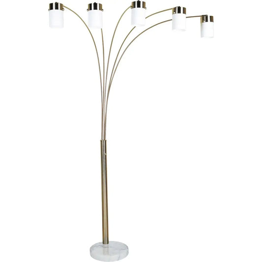 84" Gold And White Five Light Arched Floor Lamp With White Acrylic Drum Shade HomeRoots