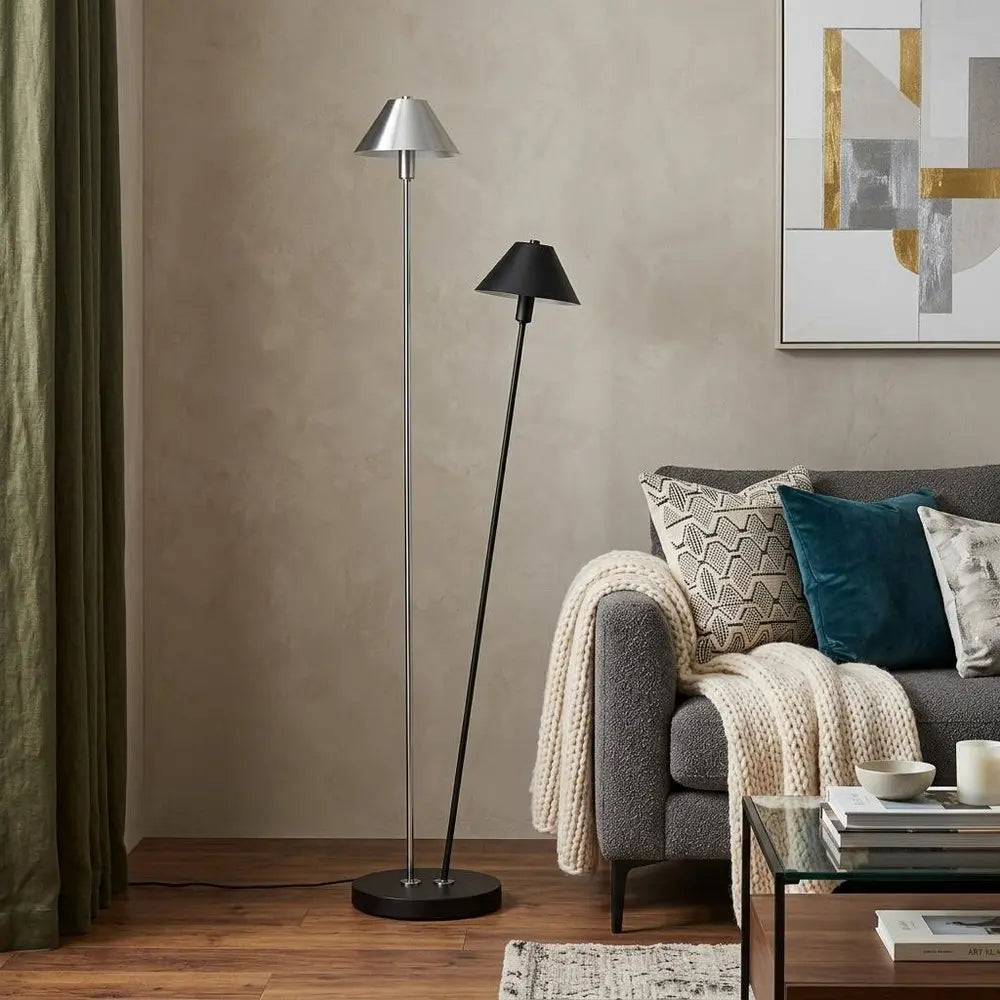 48" Black And Silver Two Light LED Novelty Floor Lamp With Black And Silver Metal Empire Shade HomeRoots