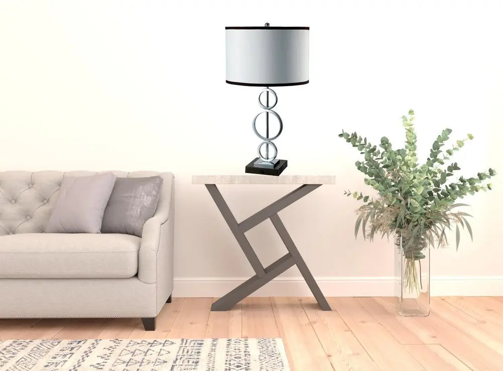 29" Silver Metal Bedside Geo Table Lamp With White and Black Trim Classic Drum Shade HomeRoots