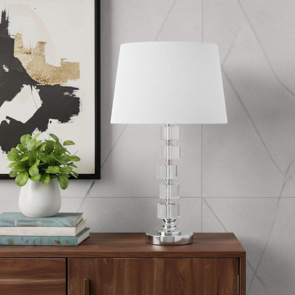 20" Silver Crystal Stacked Geo Cubes Table Lamp With White Classic Empire Shade HomeRoots
