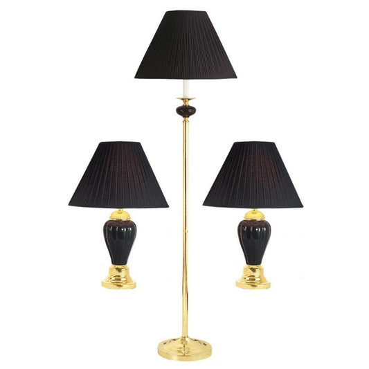 Set of Three 64" Black Urn Bedside Lamps With Empire Shades HomeRoots