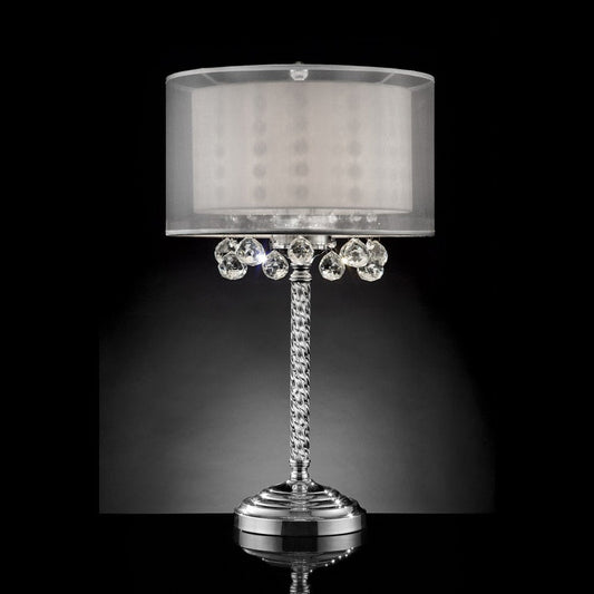 30" Silver Metal And Faux Crystal Three Light Table Lamp With White Drum Shade HomeRoots