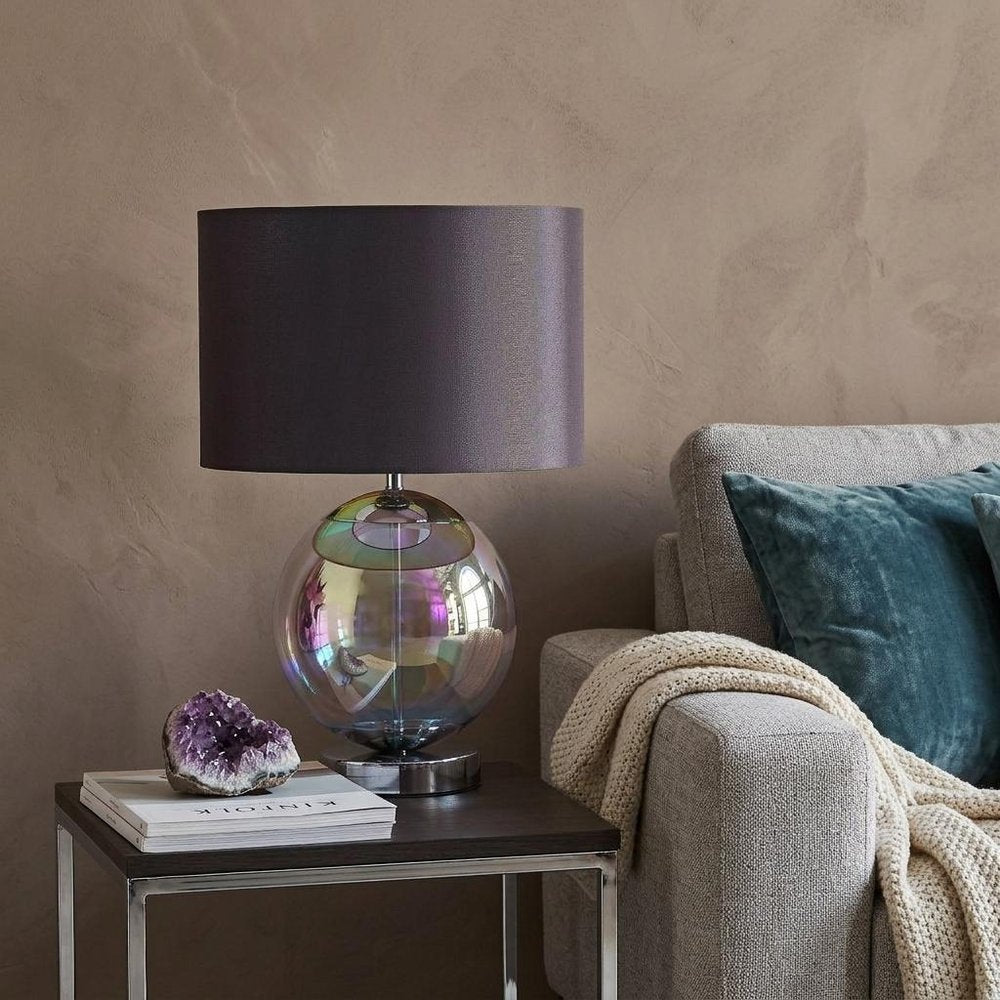 19" Iridescent Glass Globe Table Lamp With Gray Classic Drum Shade HomeRoots