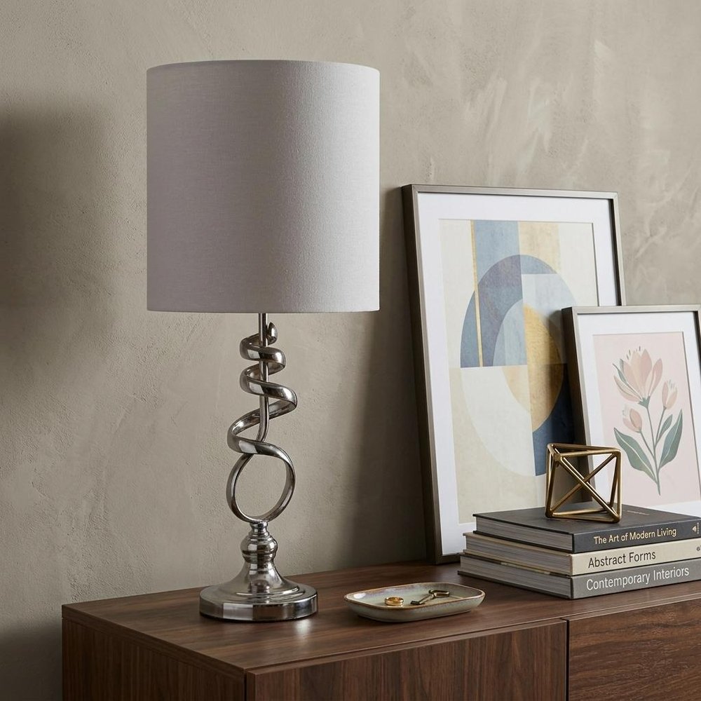 22" Nickel Bedside Table Lamp With Off White Drum Shade HomeRoots