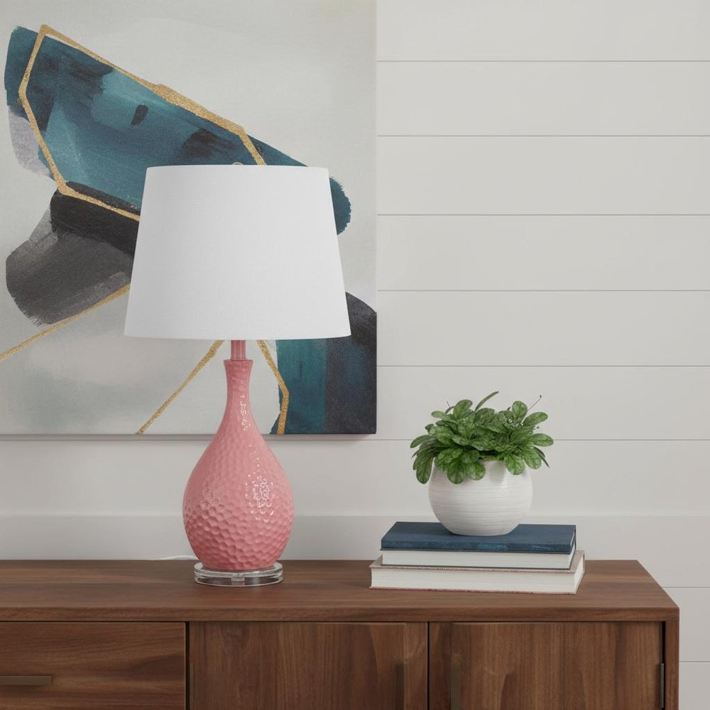 28" Pink Hammered Urn Table Lamp With White Tapered Drum Shade HomeRoots