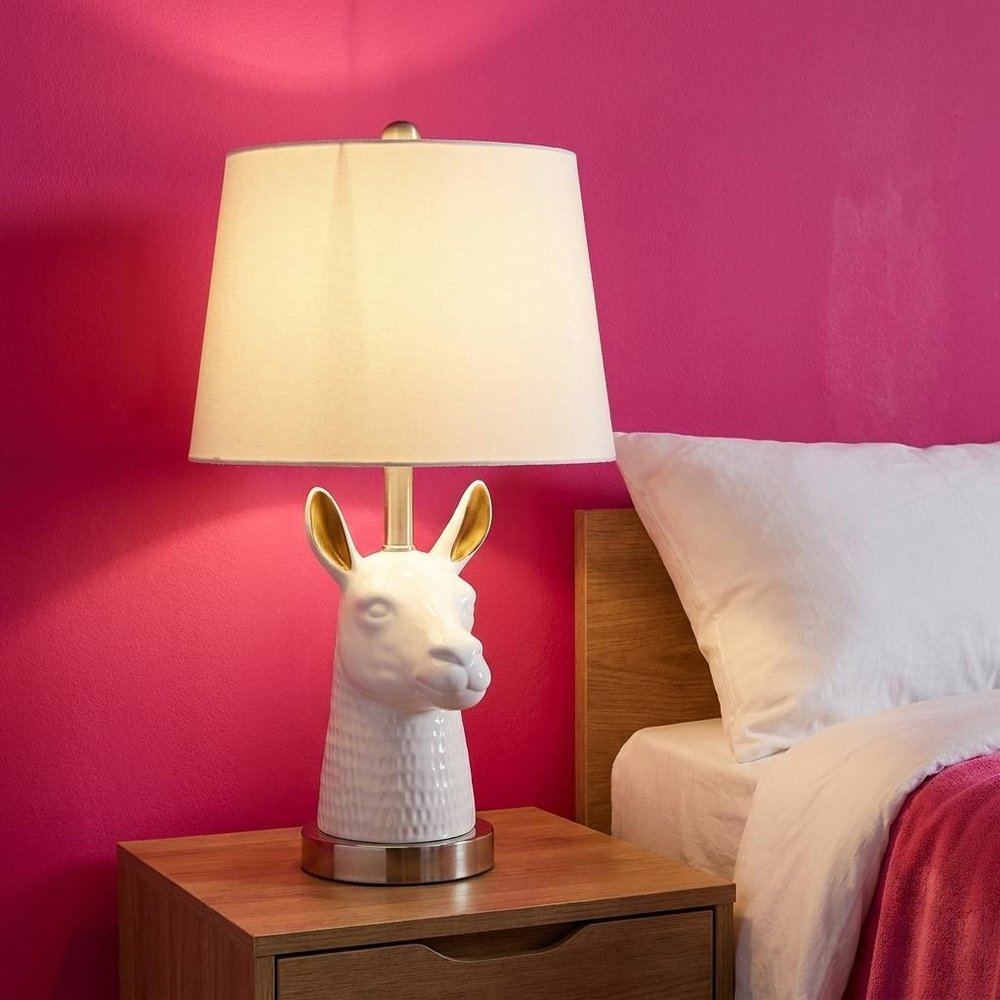 21" Silver And White Novelty Llama Lamp With White Drum Shade HomeRoots